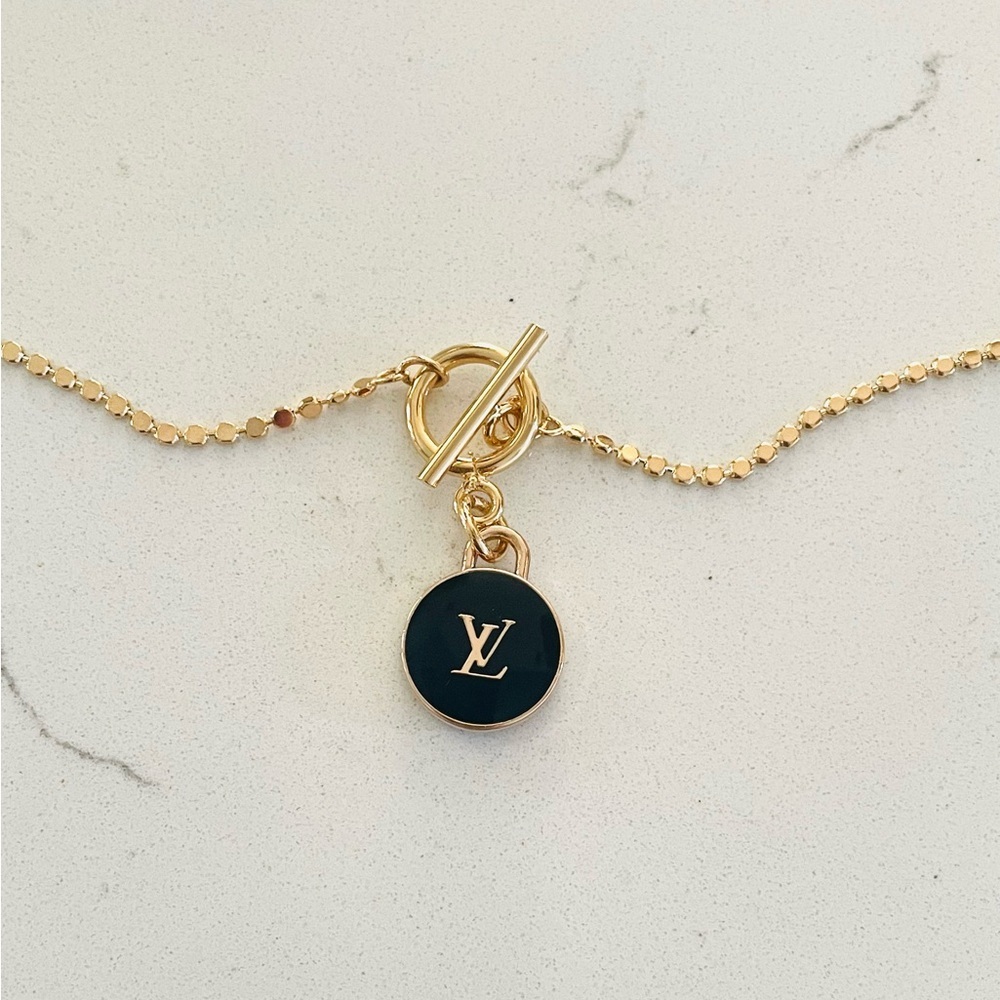 *Sold* Luxury Double Sided Black/Gold Logo Upcycled Zipper Pull Necklace - Picture 2 of 2